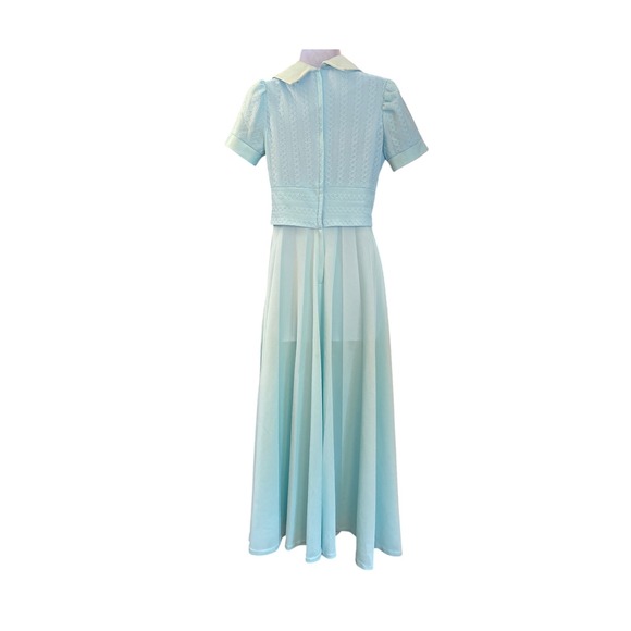 Vintage 70s Aqua Maxi Dress Dagger Collar Poly Knit Prairie Retro Boho - Picture 3 of 5